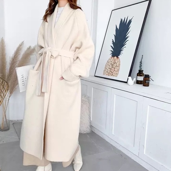 Cardigan sweater chunky knit tie belt thick winter pockets Apricot Beige cream - Picture 11 of 13